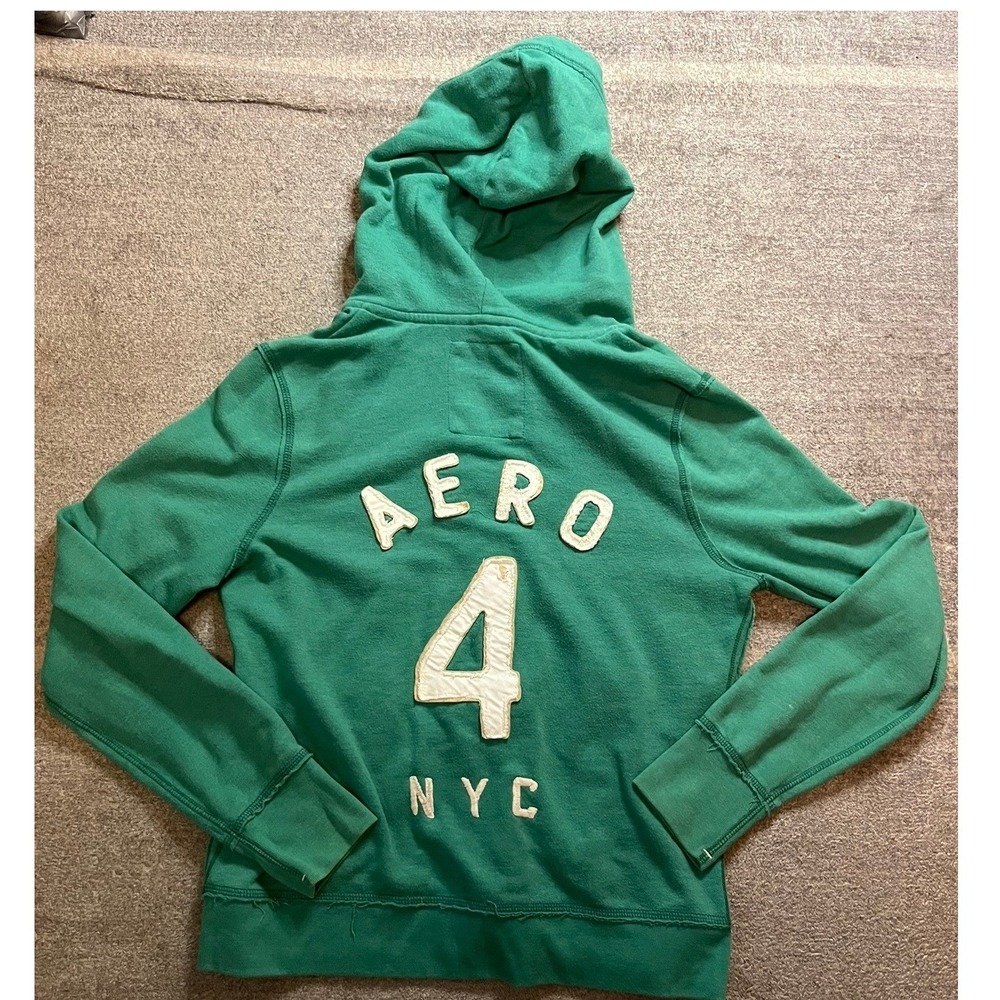 Y2K Aeropostale Green Full Zip Hoodie AERO 4 NYC Applique Fleece XL Preppy Vtg